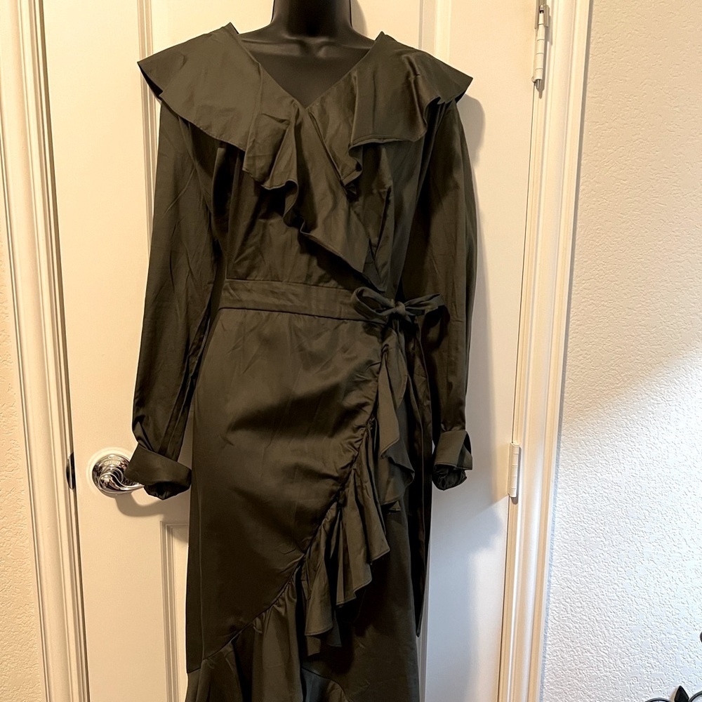Asymmetric ruffle, long sleeve, maxi dress in Camo green.